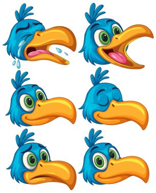 Mavi boynuz gagasının altı farklı yüz ifadesini gösteren vektör çizimi. Parlak renkler ve çizgi film stili duygusal çeşitliliği artırır