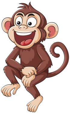 Neşeli çizgi film maymunu, anlamlı yüzü, büyük kulakları ve kıvrık kuyruğu var. Temiz, düz bir vektör stiliyle çizilmiş, kalın hatları var.