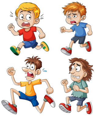 Dört çizgi film çocuğu korkmuş yüzlerle, abartılı hareketlerle ve canlı renklerle koşuyor. Vektör illüstrasyonu cesur taslaklar ve dinamik karakter pozları kullanır