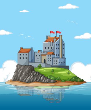Kayalık bir adanın tepesinde kırmızı bayraklı, parlak mavi bir gökyüzünün altında suyla çevrili büyük bir taş kalenin vektör çizimi.