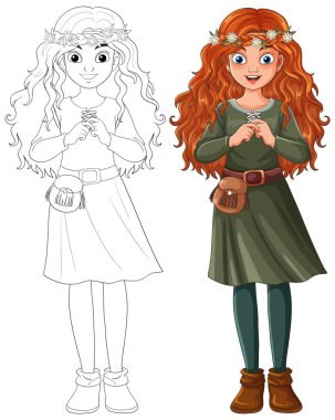 Yeşil elbiseli, çiçekli ve kahverengi çizmeli gülümseyen kızıl saçlı bir kızın vektör çizimi.