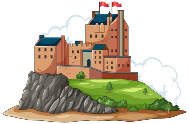 Yeşil ve stilize bulutlarla çevrili kayalık bir tepeye konmuş kırmızı bayraklı geleneksel bir İskoç şatosunun vektör çizimi