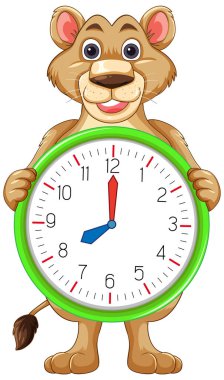 Elinde yeşil çerçeveli analog bir saat, parlak renkler ve temiz çizgilerle dik duran gülümseyen bir aslan yavrusunun vektör çizimi