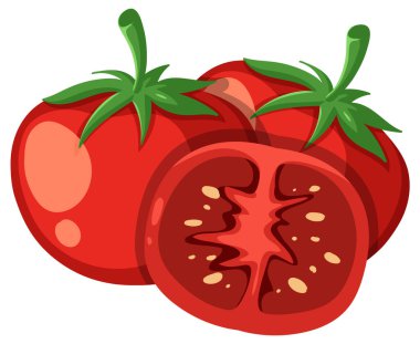 Yeşil saplı parlak kırmızı domatesler, sulu iç kısımları ortaya çıkarmak için ikiye bölünmüş, temiz, renkli bir vektör sanatı tarzında yapılmış.