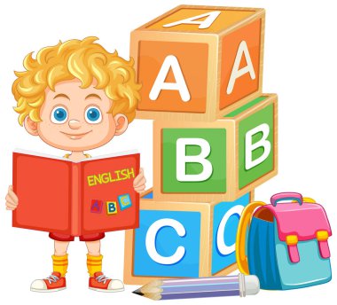 İngilizce kitap tutan kıvırcık saçlı çocuk renkli alfabe blokları, sırt çantası ve parlak çizgi film vektör tarzında kalem yanında duruyor.