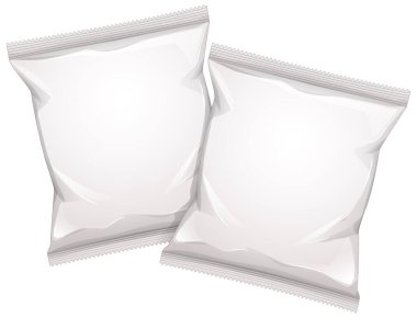Beyaz arka planda izole edilmiş, temiz tasarım, gerçekçi gölgeler ve yumuşak gölgeler içeren iki boş yiyecek paketinin vektör çizimi