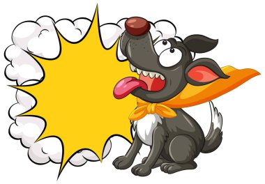 Turuncu pelerinli ve eşarplı, komik, sarı bir konuşma baloncuğunun yanında oturan siyah bir köpeğin vektör çizimi.