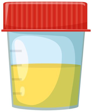 Yarı yarıya dolu, temiz ve izole edilmiş kırmızı vida kapaklı şeffaf plastik idrar örneği kabının vektör çizimi