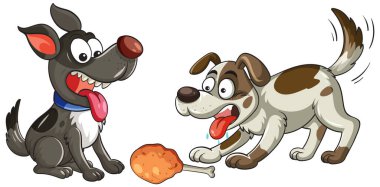 Abartılı ifadeleri olan iki animasyon köpeğinin vektör çizimi, beyaz arkaplandaki tavuk budu çubuğuna hevesle bakıyor, düz çizgi film tarzı.