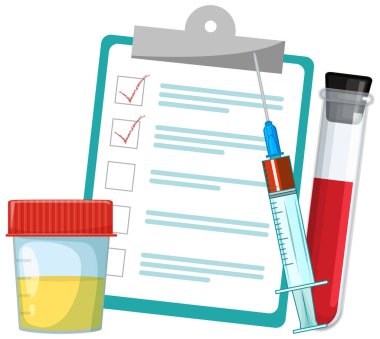 Bir idrar örneği kabı, kan testi tüpü, şırınga ve kontrol listesinin vektör çizimi temiz, düz bir şekilde panoda