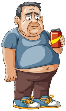 Soda kutusu tutan üzgün, kilolu bir adamın vektör çizimi. Kalın renkler ve çizgi film stili