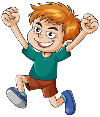 Canlı bir vektör çizimi, neşeli bir çocuğun atlama, dinamik hareket ve çizgi film tarzında parlak renkler sergilemesi.