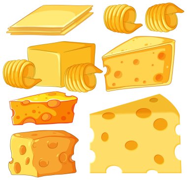 Dilimler, bloklar, takozlar ve kıvrımlar dahil çeşitli peynir formları parlak, temiz vektör tarzında gösterilmiş yumuşak gölgeler ve röfleler