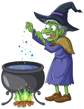 Mor bornozlu tuhaf bir cadı yeşil iksirle köpüren bir kazanı ateşle karıştırıyor.
