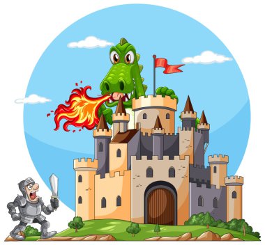 Zırhlı bir şövalyenin, ortaçağ şatosunun tepesinde parlak renkleri ve net hatlarıyla ateş püskürten yeşil bir ejderhayla karşı karşıya geldiği karikatür vektör çizimi.