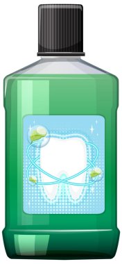 Temiz çizgiler ve canlı renkler içeren, diş tasarımı olan yeşil bir gargara şişesinin vektör çizimi