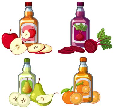 Çeşitli meyve ve sebze suları ve taze ürünlerle dört cam şişenin vektör çizimi.