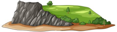 Karikatür vektör manzarası, pürüzlü kaya uçurumu, çimenli tepe, dağınık ağaçlar ve topraksı zemin.