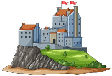 Kayalık, yeşil bir manzaranın tepesinde kırmızı çatıları olan bir ortaçağ taş kalesinin vektör çizimi.