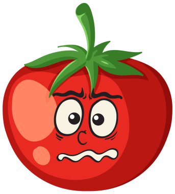 Basit beyaz arkaplan, vektör illüstrasyonunda cesur hatları olan endişeli kırmızı domates karakteri.