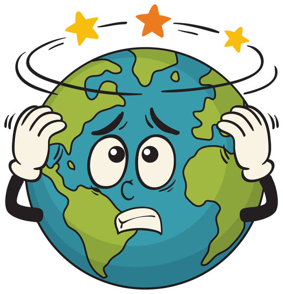 Cartoon Earth vector with worried face and spinning stars, bold outlines, and vibrant colors.
