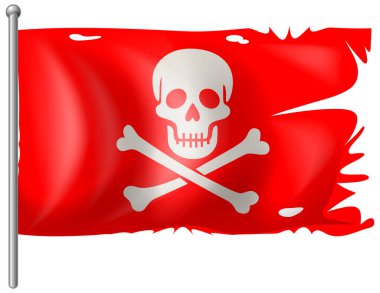 Beyaz kafatası ve çapraz kemikli, yırtık kenarlı kırmızı korsan bayrağının vektör çizimi