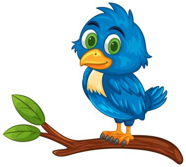 Yeşil gözlü parlak mavi çizgi film kuşu ve yapraklı dala tünemiş sarı gagalı..