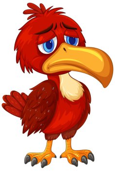 Hüzünlü ifadesi, mavi gözleri ve abartılı karikatür özellikleri olan parlak renkli vektör kuşu.