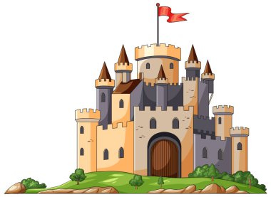 Kuleleri, siperleri ve kırmızı bayrağı olan büyük bir ortaçağ taş kalesinin vektör çizimi.