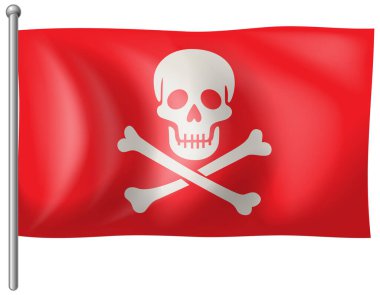 Beyaz kafataslı vektör korsan bayrağı ve kırmızı arka planda çapraz kemikler, gerçekçi dalga etkisi