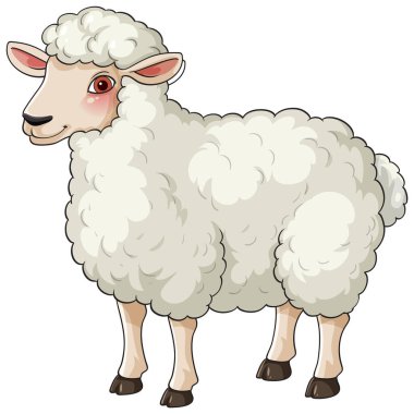 Kabarık tüylü beyaz koyunun oyuncu çizgi film vektörü, kıvırcık postu, siyah çizgili, kenar görüşlü..