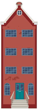Kırmızı tuğlalı bir Hollanda konağının düz vektör çizimi, simetrik pencereler, deniz mavisi kapısı, beyaz süsleme