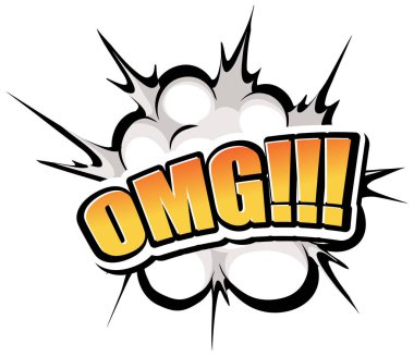 Patlayıcı patlaması, gradyan renkleri ve dinamik hatları olan çizgi roman tarzında kalın OMG metni