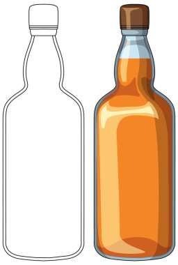 Renkli ve taslak versiyonları olan stilize vektör viski şişesi, temiz çizgiler, düz gölgeleme, izole edilmiş.