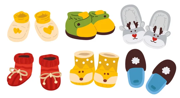 Carino Collezione Vettoriale Colorato Inverno Vari Stivali Infantili Pantofole — Vettoriale Stock