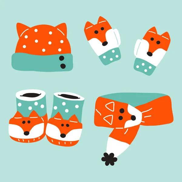 彩色冬季狐狸儿童用围巾 靴子的可爱病媒收集 — 图库矢量图片