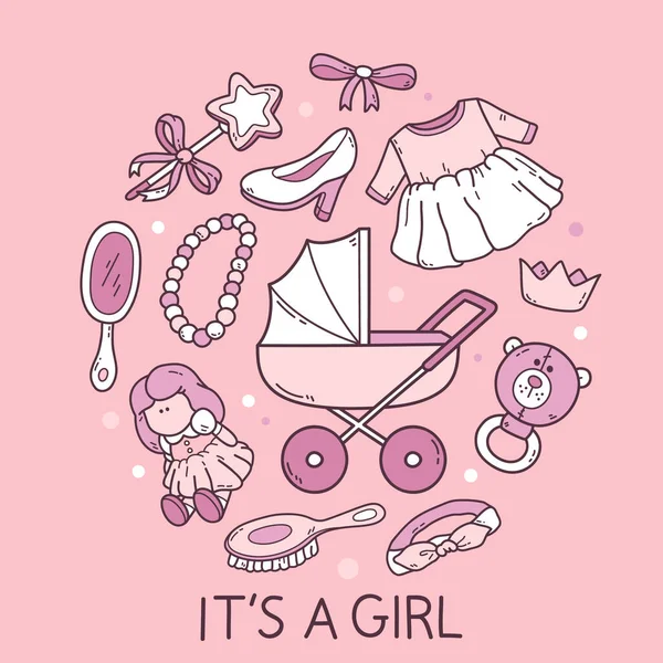 Wektor Ilustracja Okrągłego Druku Cute Baby Girl Doodle Baby Shower — Wektor stockowy