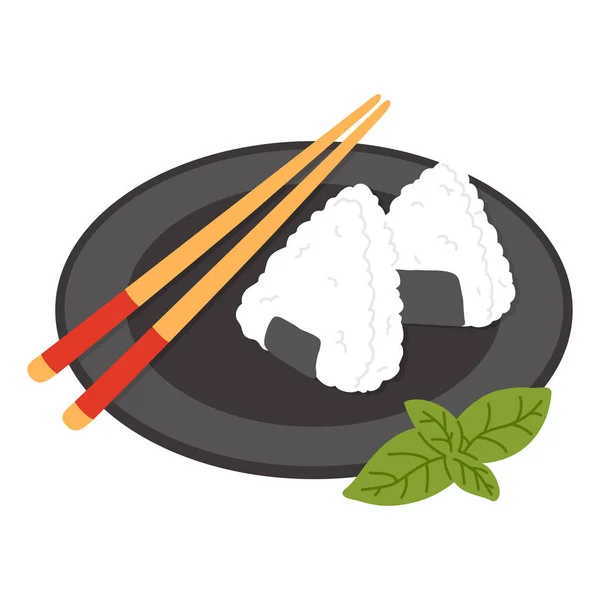 Vector Illustration Cute Doodle Asian Food Onigiri Plate Print Design — Stock Vector