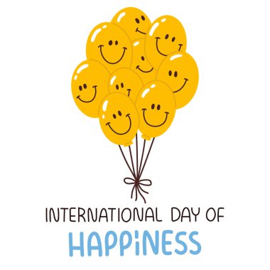 Vector poster, banner, print design or greeting card for International Day of Happiness with cute cartoon smiling faces on balloons. 