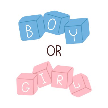 Vector poster, banner, print design or greeting card for Welcome Baby Shower with cute  hand drawn lettering boy or girl on baby toy blocks