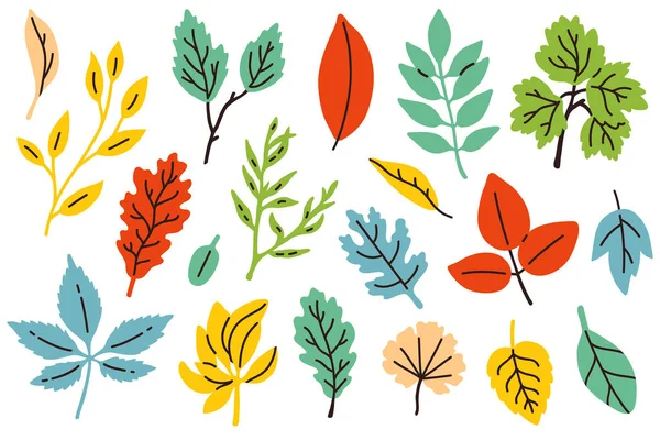 Vector Illustration Set Cute Doodle Colored Autumn Leaves Digital Stamp — Stock Vector