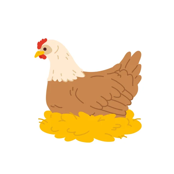 Vector Illustration Cute Doodle Hen Sitting Nest Digital Stamp Greeting — Stock Vector