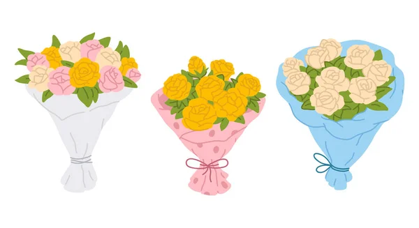 Set Illustrazione Vettoriale Simpatici Mazzi Scarabocchi Con Rose Timbro Digitale — Vettoriale Stock