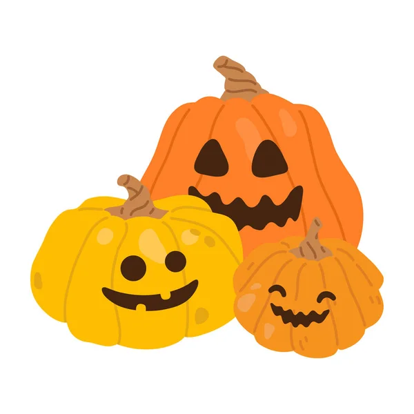 Vector Illustration Cute Cartoon Three Halloween Pumpkins Isolated White Background — Stock Vector