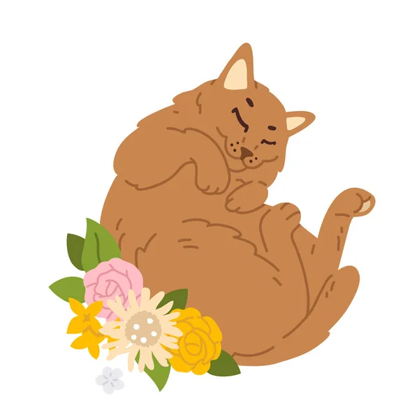 Ilustração Vetorial Bonito Desenho Animado Gato Dormindo Flores Para Selo — Vetor de Stock