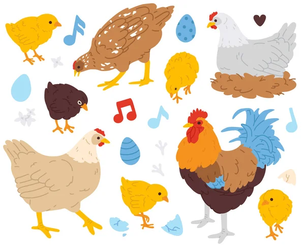 Vektor Illustration Set Von Niedlichen Doodle Hahn Hühner Hühner Für — Stockvektor