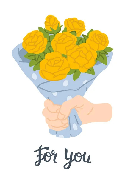 ベクトル手はそれにあなたのための単語と黄色の花の花束を保持します — ストックベクタ
