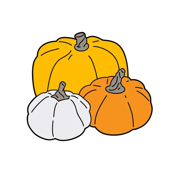 Vector Composition Three Cartoon Pumpkins Different Colors Shapes Halloween Design — Stock Vector