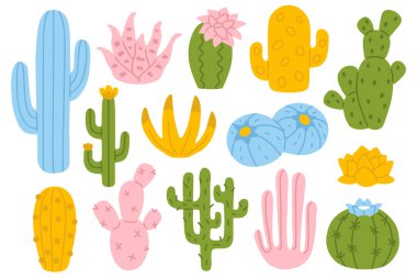 Dijital damga, tebrik kartı, çıkartma, simge, tasarım için şirin kaktüslerin vektör çizimi