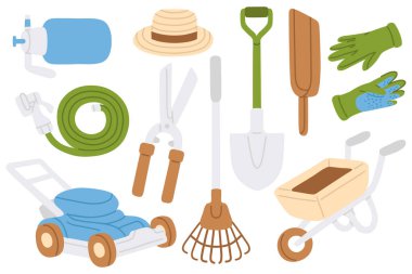 Bahar dijital damgası, tebrik kartı, çıkartma, simge, tasarım için şirin karalama bahçe araçlarının vektör illüstrasyon seti